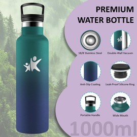 Thermos Flask, 1 Litre Stainless Steel Water Bottle, Sports Water Bottle, BPA-Free, Double Walled, Water Bottle with Straw, with Screw Cap, Drinking Bottles for Hiking, Fitness, Camping