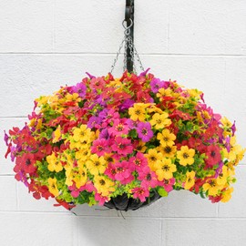 16 Bundles Artificial Flowers for Outdoors Spring Summer Decoration Faux Plastic Flowers Fake UV Resistant Silk Colorful Daisy Eucalyptus Realistic Plants for Porch Patio Home Planter Window Box Yard