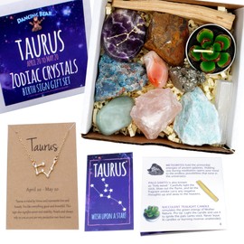 DANCING BEAR Taurus Zodiac Healing Crystals Gift Set (14 Pc): 9 Stones, 18K Gold-Plated Constellation Necklace, Meteorite, Succulent Candle, Palo Santo Smudge Stick & Info Guide, Made in The USA