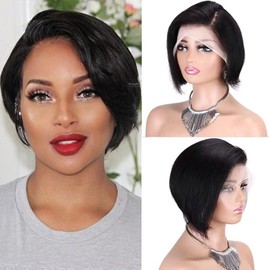 13 x 4 Lace Front Wigs, Human HairPxie Cut, Short Straight Bob Wigs, Short Straight Real Hair Wig, 150% Density, Pre-Plucked, Glueless Wigs (6 Inches, 15 cm)