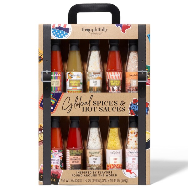 Thoughtfully Gourmet, Global Spice and Hot Sauce Collection Gift Set, Vegan and Vegetarian, 5 Sauces and 5 Salts in Suitcase Packaging, Set of 12