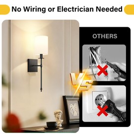 19.9 Inch Black Battery Operated Wall Sconces Set of 2, Rechargeable Wireless Wall Lights with Remote & White Fabric Shade, Indoor Not Hardwired Dimmable Wall Lamps for Living Room, 2 Bulbs Included