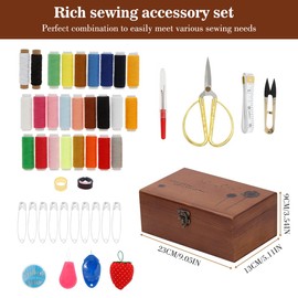 Winmist Glimpse Sewing Kit Wooden Sewing Box with Accessories Retro Wooden Sewing Basket Repair Kit Gift DIY Supplies for Beginner Professional