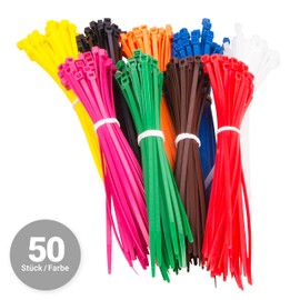 GRIP Eventbasics Cable Tie Set, 450 Pieces (50 Pieces/Colour) 4.8 x 200 mm, Nylon Polyamide, Self-Extinguishing, Colours: Black, White, Yellow, Orange, Red, Pink, Green, Blue and Brown