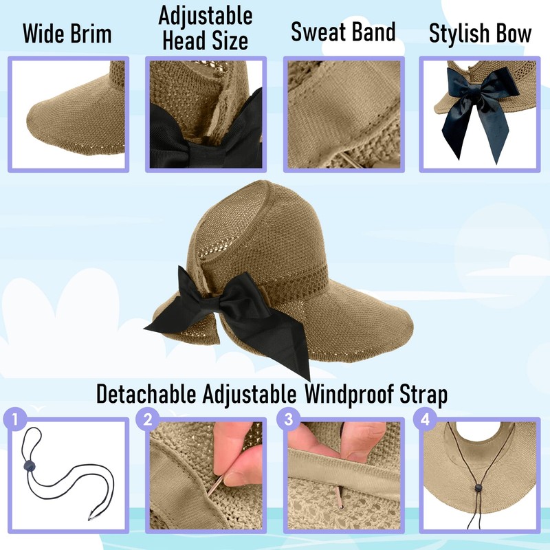 Visera de paja para mujer, sombrero de playa con protección