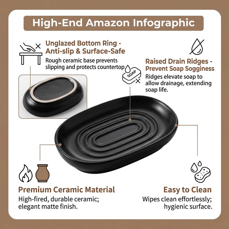 Houlishu Ceramic Soap Dish, Modern Black Bar Soap Holder for