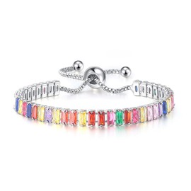CiNily Adjustable Tennis Bracelets for Women Rainbow Cubic Zirconia Bracelet 14K White Gold Plated Hypoallergenic Slider Bracelet Jewelry