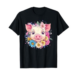 Cute Pig Surrounded By Colorful Flowers T-Shirt