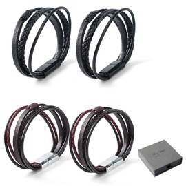 Witwatia Mens Bracelet, 4pcs Cowhide Braided Leather Bracelet with Magnetic Stainless Steel Clasp & Jewellery Box, Layered Splicing Bangle Cuff Bracelets for Men Dad Husband Brother in Black & Brown