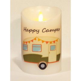 Happy Camper" (Olive Green Moving Flame LED Candle - White Wax - Indoor - 3.5" x 5" - Blow Off/Blow ON - Remote Enabled