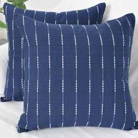 Navy Blue Pillow Cases 20 x 20 inches/Cotton Woven Stripe Pattern Contemporary Luxury Cushion Covers/Simple Throw Modern Pillow Covers for Living Room Sofa, Couch, Bed, Set of 2