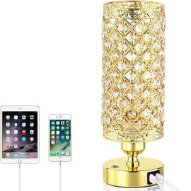 Crystal Bedside Table Lamp 3 Color Options Lamps for Bedroom Modern USB Nightstand Lamp with Crystal Shade Decorative Lamps for Living Room, Kids Room(LED Bulb Included) - Color: Gold