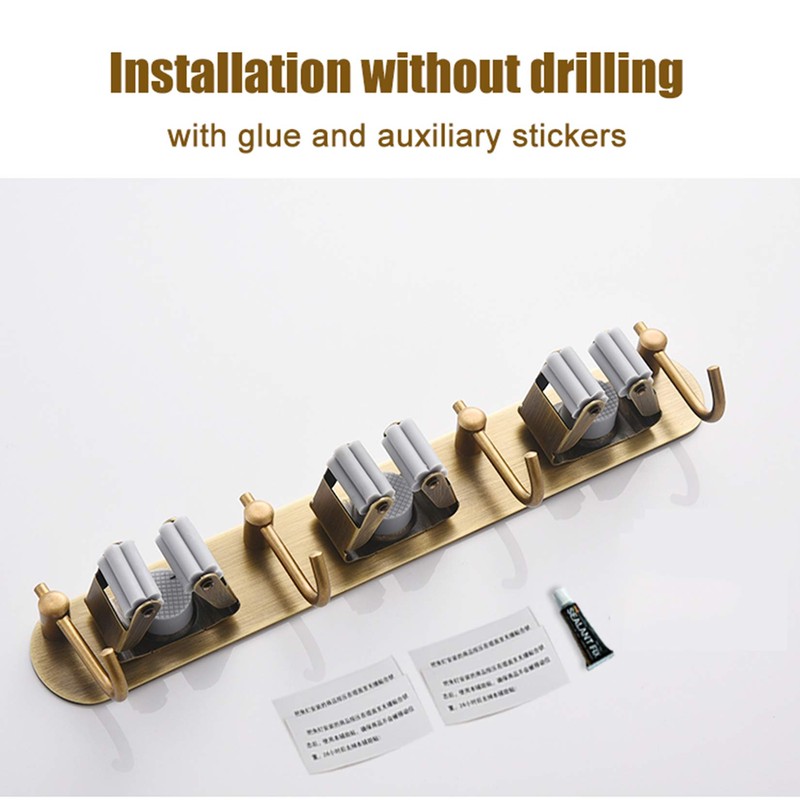 Fiunkes Mop Broom Holder Wall Mount Garden Tool Organizer, Brass