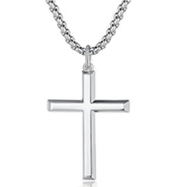 AOKSUNS S925 Sterling Silver Cross Necklace for Men Women with 3MM Stainless Steel Strong Durable Rolo Chain, Beveled Edge Men’s Silver Crucifix Cross Pendant Necklace Jewelry 24 Inches/60cm Chain