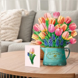 Airpark Pop Up Cards Paper Flowers Bouquet, 12" Pink Fake Tulips Festive Bouquet, 3D Popup Greeting Cards with Note Card & Envelope, Birthday Card Gifts, Anniversary Card, Valentine's Day Gifts for Women Kids Lover