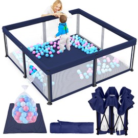 TOREVSIOR Foldable Baby Playpen with Mat, 50"×50" Collapsible Play Pen for Babies and Toddlers, Indoor & Outdoor Kids Safety Play Pen, Portable Play Yard, Foldable Baby Playpen with 50 Ocean Balls