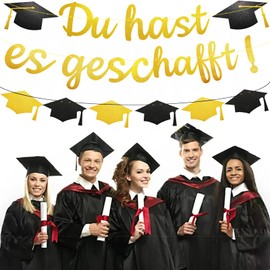 LMSHOWOWO 2PCS Graduation Deko Girlande, Glitzer Du hast es geschafft Banner mit Absolventenhut Motiv, Papier 2025 Abschluss Deko Banner, für Prüfung Bestanden Abitur Bachelor Abschlussfeier (Gold)