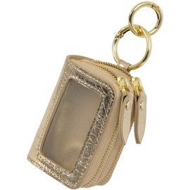 RafiCaro Key Case, Double Pockets, Genuine Leather, Smart Key, Clear Window, Easy to Operate, Carabiner, AirTag Compatible, Lightweight, gold