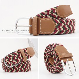 JK Home 3.3cm Wide 105cm Braided Stretch Belt, Elastic Woven Waist Belts with PU Leather Buckle, Casual Men Women Canvas Belt