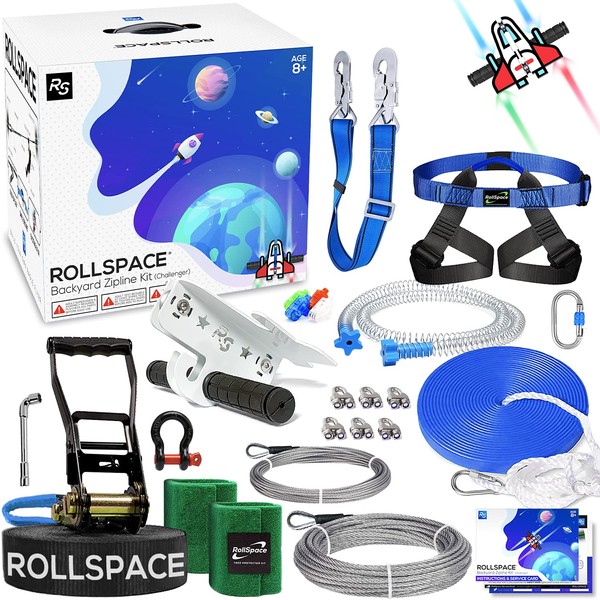 RollSpace 150FT Zipline Kits for Backyards with Ratchet Straps Tensioning Kit Quick-Set Up Zipline for Kids Spaceship Trolley Zipline with Spring Brake Zipline kits for Backyard 150 ft Kids and Adults