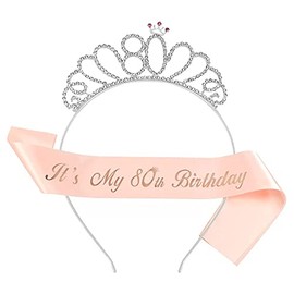 Miss-shop Birthday Crystal Tiara, Birthday Crown Sash 80 Years Birthday Crown Tiara for Women Birthday Gift Party Favour Birthday Decoration Accessories