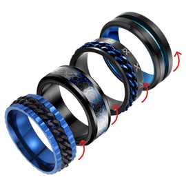 4Pcs Mens Rings Set Anxiety Spinner Chain Rotation Fidget Band Cool Blue Hip Hop Stainless Steel Male Jewelry 10