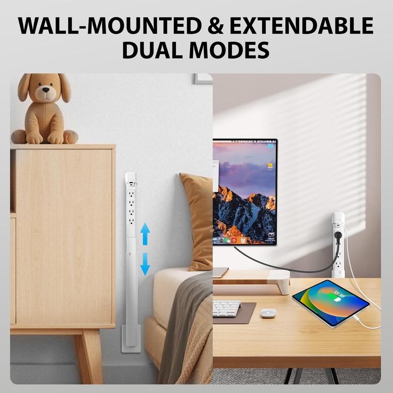 Telescopic Outlet Extender, 4 AC Outlets & PD 20W USB-A