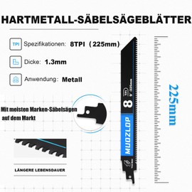 MUOZLOP 225 mm, 8TPI Carbide Reciprocating Saw Blades, Pack of 2 Carbide Saw Blades for Tough Steel, Cast Iron, Thick Metal (2.8T/225 mm)