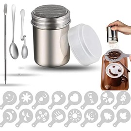20 Pieces Coffee Decoration Stencils Set - 1 Piece Stainless Steel Powder Shaker with 16 Pieces Coffee Stencils Latte Art Pen, Cocoa Shaker, Coffee Stencil, Spoon