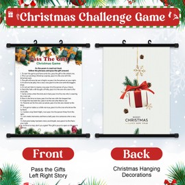 Syhood Christmas Left Right Pass Gift Game, Christmas Hanging Scroll Story Decoration for Wall Nativity Family Party Gift Exchange Game(Holly)