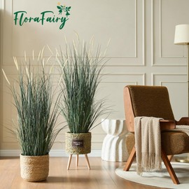 Faux 4ft 2-Pack Horsetail Reed Grass with Pink Spikes, 48in Tall Indoor Outdoor Fake Grass in Pot, Home Office Decorative Artificial Plant & Greenery, Wedding Decor Green Bristlegrass