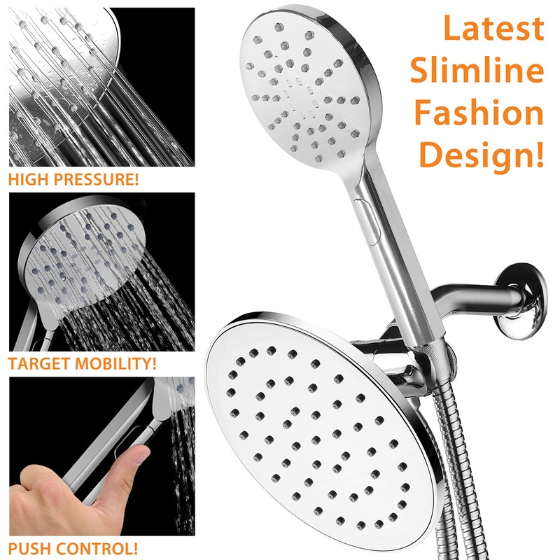 AquaSpa 6-inch Rain Shower Head/Handheld Combo. Convenient Push-Button Flow Control