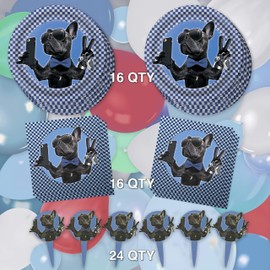 Havercamp Cool Bulldog or Dog Theme Party Set for 16 Guests; Including 16 ea. 9” Dinner Plates and Luncheon Napkins and 24 Festive Party Picks.