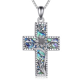 YAFEINI Religious Cross Pendant Necklace Sterling Silver Abalone Shell Cross Pendant Jewellery Gifts for Women Men (D-Abalone Shell Sunflower)
