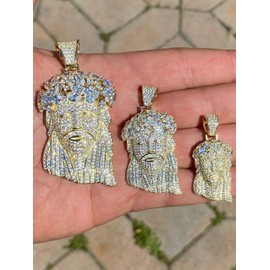 Solid 925 Sterling Silver Iced Jesus Piece Pendant - Men's 14k Gold Finish Jesus Piece - Great For Any Chain! Icy Baguette CZ - 3 Sizes: Small, Medium, & Large (Medium (2"))