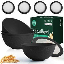 Homienly Wheat Straw Bowls with Lids, Unbreakable 40 OZ Salad Container for Lunch, Dishwasher Safe Cereal Bowl for Kitchen, Camping, Picnic, 8 Piece Plastic Bowl Set includes 4 Bowls and 4 Lids, Black
