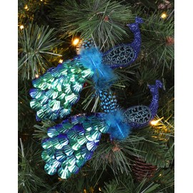 Christmas Concepts® 20cm Peacock Decoration With Jewelled Tail - Luxury Christmas Tree Decorations (Midnight Blue Sequins, Pack of 2)
