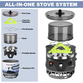 1.2L Backpacking Camping Stove Cooking System with Piezo Ignition, Outdoor Portable Burner with Pot & Brackets Camp Stove Camping Stove Kit Propane, Ideal for Hiking Fishing Hunting