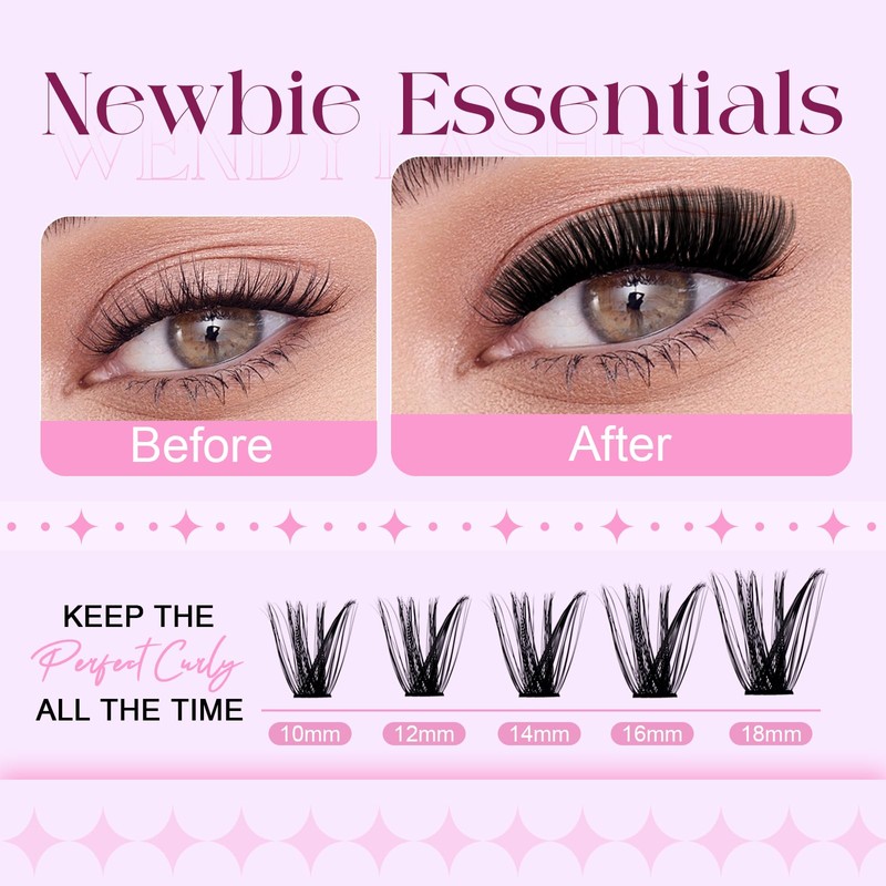 WENDY LASHES Cluster Lashes, 60D+80D+100D+150D Eyelash Clusters D-Curl Fluffy Individual-Eyelashes