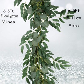 Falflor 2Pcs Greenery Garland 6.5Ft Artificial Eucalyptus Garland and 6.5Ft Willow Leaves Garland Table Runner Vine Garland for Wedding Home Decor(2Pcs)