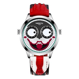 NIBOSI Watches for Men Analog Quartz Clown Dial Wrist Watches Unique Weird Fashion Cool Watch Waterproof Leather Strap Men's Watches (Red Black)
