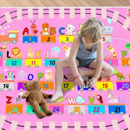 DoRlPIeY Kids ABC Pink Play Rug, Girl Alphabet Rugs with Numbers Animal Train and Road Shapes Learning Fun Educational Carpet, Playmat for Kid Bedroom Playroom(47x71 in)