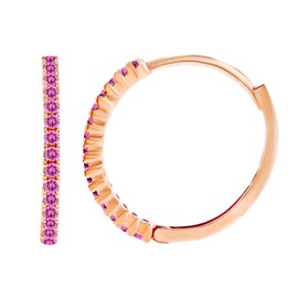 Solid 14K Rose Gold Round Created Pink Sapphire Birthstone Huggie Hoop Earrings For Women