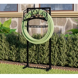 CALIDOLA Freestanding Garden Hose Organizer with Black Powder-Coated Finish - Heavy-Duty Detachable Hose Stand Holds 150FT Hose, Includes Storage Basket & Assembly Tools for Outdoor Use