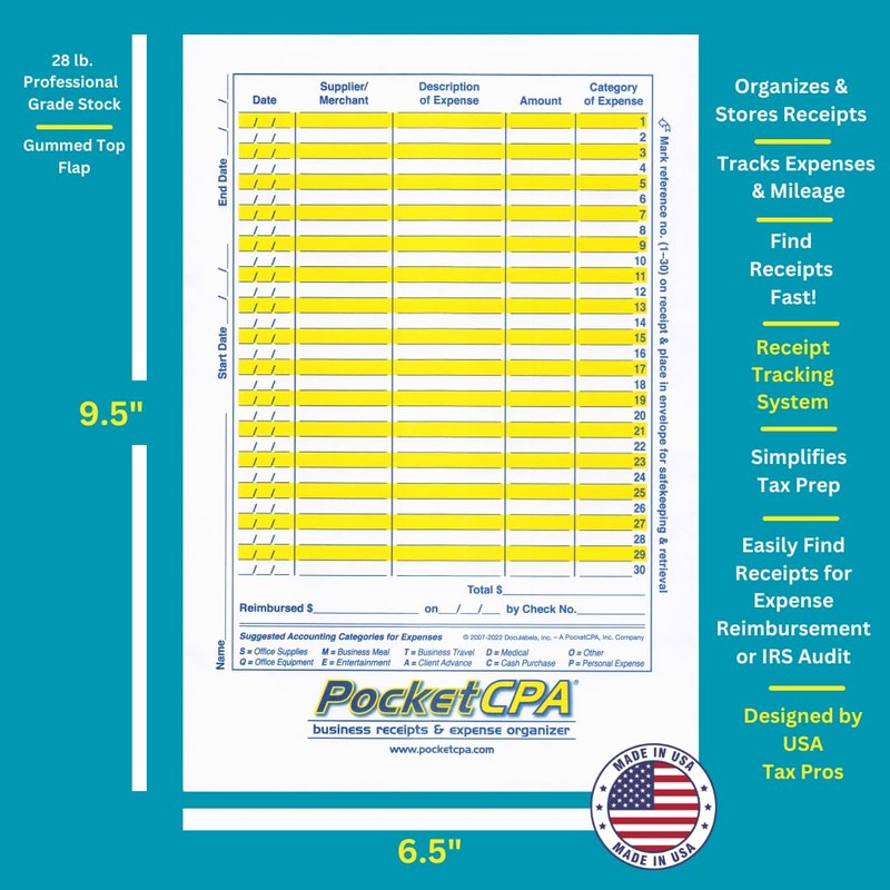 PocketCPA 3-in-1 Receipt Organizer Envelopes with Expense & Mileage Logs