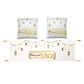 Home Paradise Ramadan Kareem White Printing Velvet Table Runner with 2 Cushions Cover, Handmade “Ramadan Kareem” Dining Table Decoration, Versatile Arabic Calligraphy Dining Set, Unique Islamic Décor