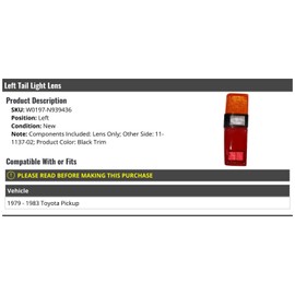 Left Driver Side Tail Light Lens - Black Trim - Compatible with 1979-1983 Toyota Pickup