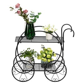 Henf Metal Garden Cart Stand Iron Plant Stand 2 Tier Flower Pot Display Rack, Perfect for Holding Small Plants and Decors(Wheels are Decorative only)