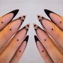 Press on Nails Almond Medium Fake Nails with Hearts Design 24 Pcs French Tip Matte Full Cover Artificial Acrylic Nails Exquisite Golden Lines False Nails Pointed Ballerina Stick on Nails for Women