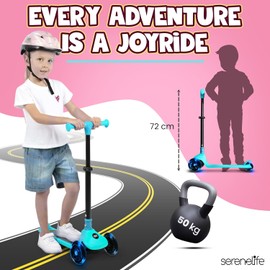 SereneLife 3-Wheel Kids Scooter with Foldable Seat – Light-Up LED Wheels, Adjustable Handlebar, Rear Brake, Lean-to-Steer, Folding Design – Toddler Scooter for Boys & Girls Age 3+, 50kg Max